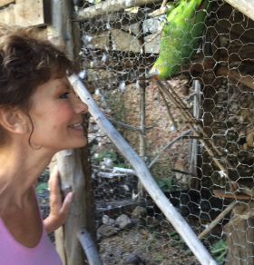 Iona Chamberlain with her resuce parrots, Hacienda San Pedro Nohpat, outside of Merida, Mexico – Best Places In The World To Retire – International Living