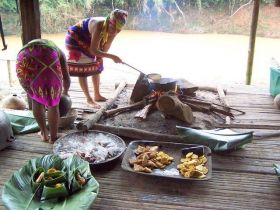 Emberá cooking lunch, Emberá Puru village, Panama